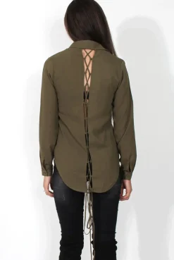 Rebellious Fashion Kira Khaki Tie Back Shirt