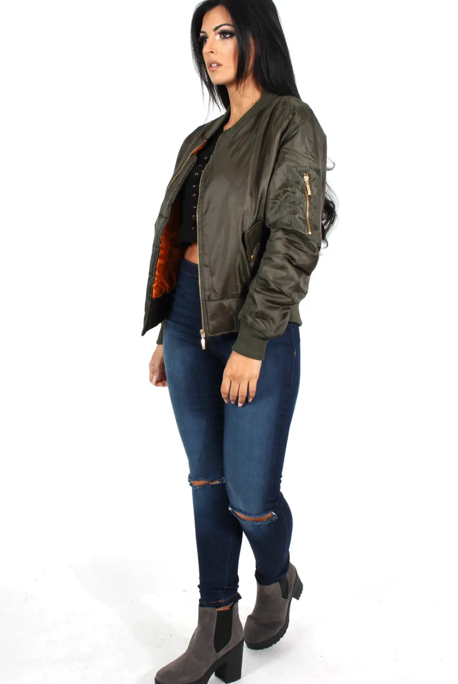 Rebellious Fashion Kylie Khaki Zip Front Bomber Jacket
