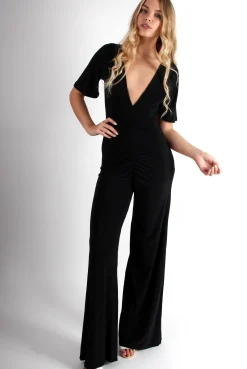 Rebellious Fashion Lara Black Rushed V Front Jumpsuit