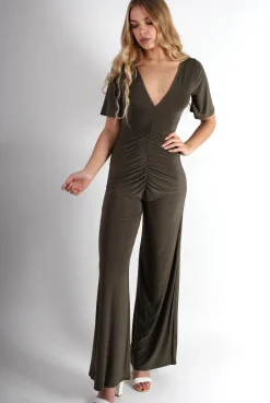 Rebellious Fashion Lara Khaki Rushed V Front Jumpsuit