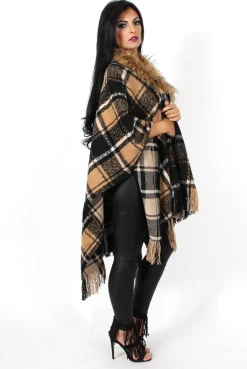 Rebellious Fashion Latoya Beige Faux Fur Trimmed Cape