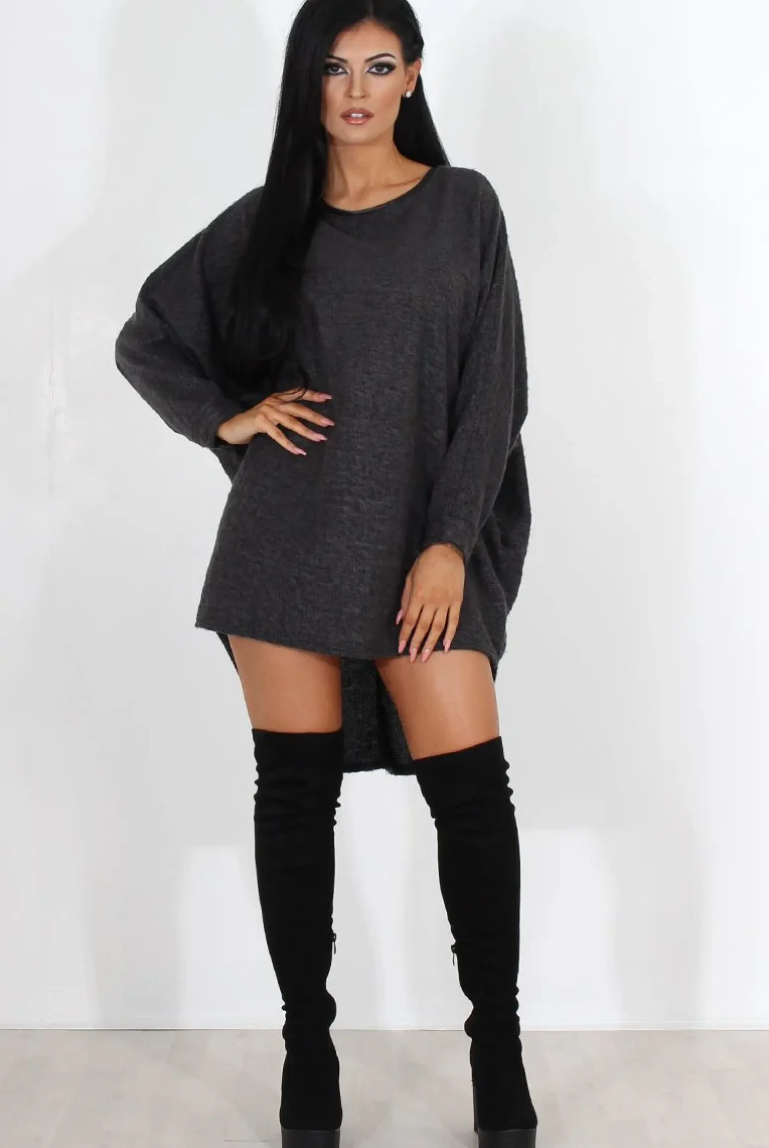 Rebellious Fashion Leah Dark Grey Drooped Back Jumper Dress