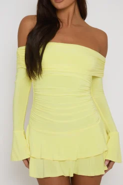Rebellious Fashion Lemon Bardot Ruffle Frill Hem Mini Dress - Lotty