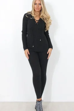 Rebellious Fashion Lennie Dark Grey Ribbed Lace Up Loungewear Set