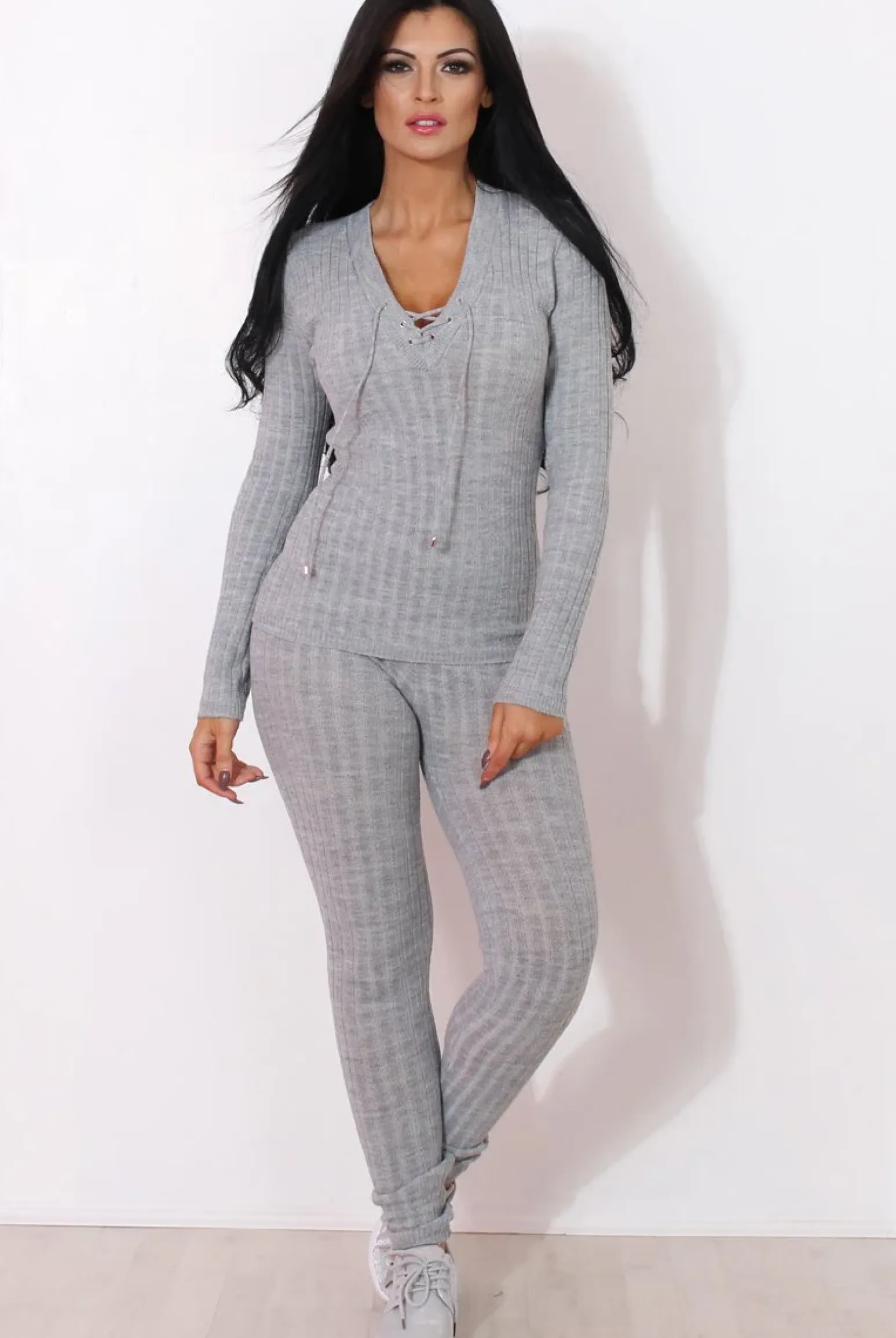 Rebellious Fashion Lennie Light Grey Ribbed Lace Up Loungewear Set