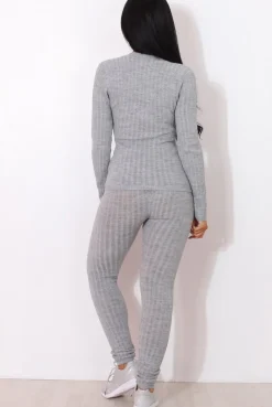 Rebellious Fashion Lennie Light Grey Ribbed Lace Up Loungewear Set