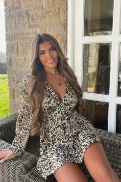 Rebellious Fashion Leopard Satin Frill Hem Wrap Mini Dress - Debbie