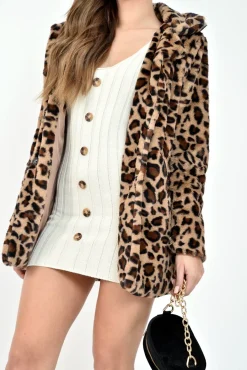 Rebellious Fashion Leopard Faux Fur Popper Button Coat - Clarisa
