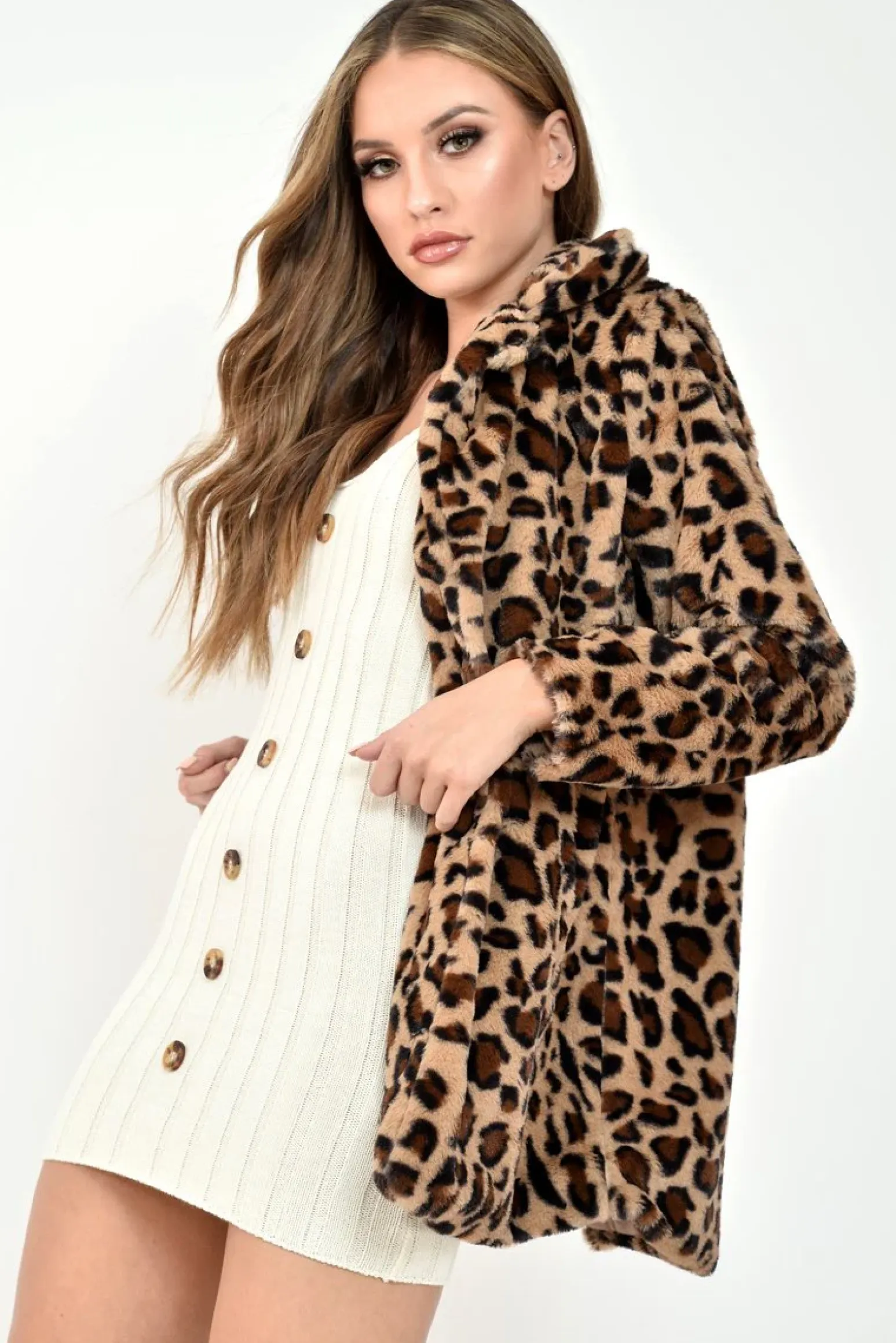 Rebellious Fashion Leopard Faux Fur Popper Button Coat - Clarisa