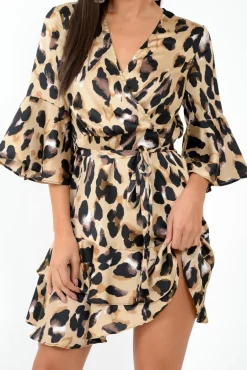 Rebellious Fashion Leopard Frill Tie Waist Mini Dress - Maxtyn