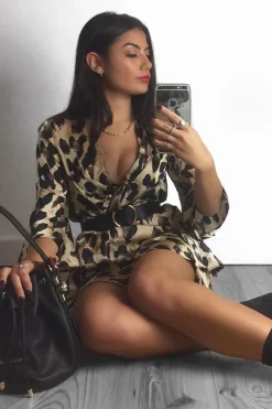 Rebellious Fashion Leopard Frill Tie Waist Mini Dress - Maxtyn
