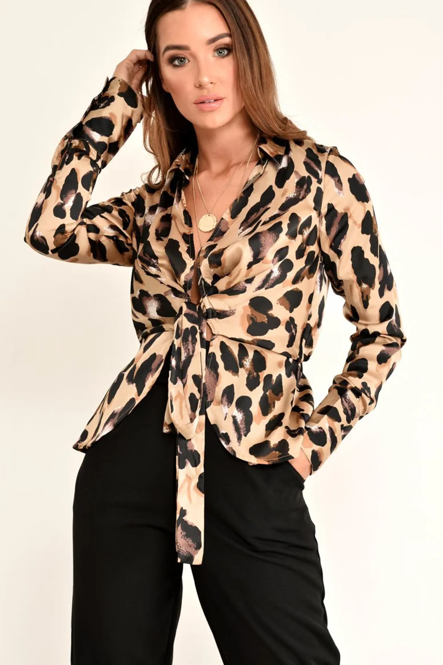 Rebellious Fashion Leopard Knot Front Plunge Shirt - Jurnie