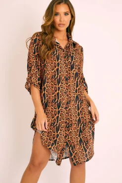 Rebellious Fashion Leopard Print Button Up Sleeve Shirt Dress - Zoey