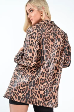 Rebellious Fashion Leopard Print Coated Longline Blazer - Avilyn