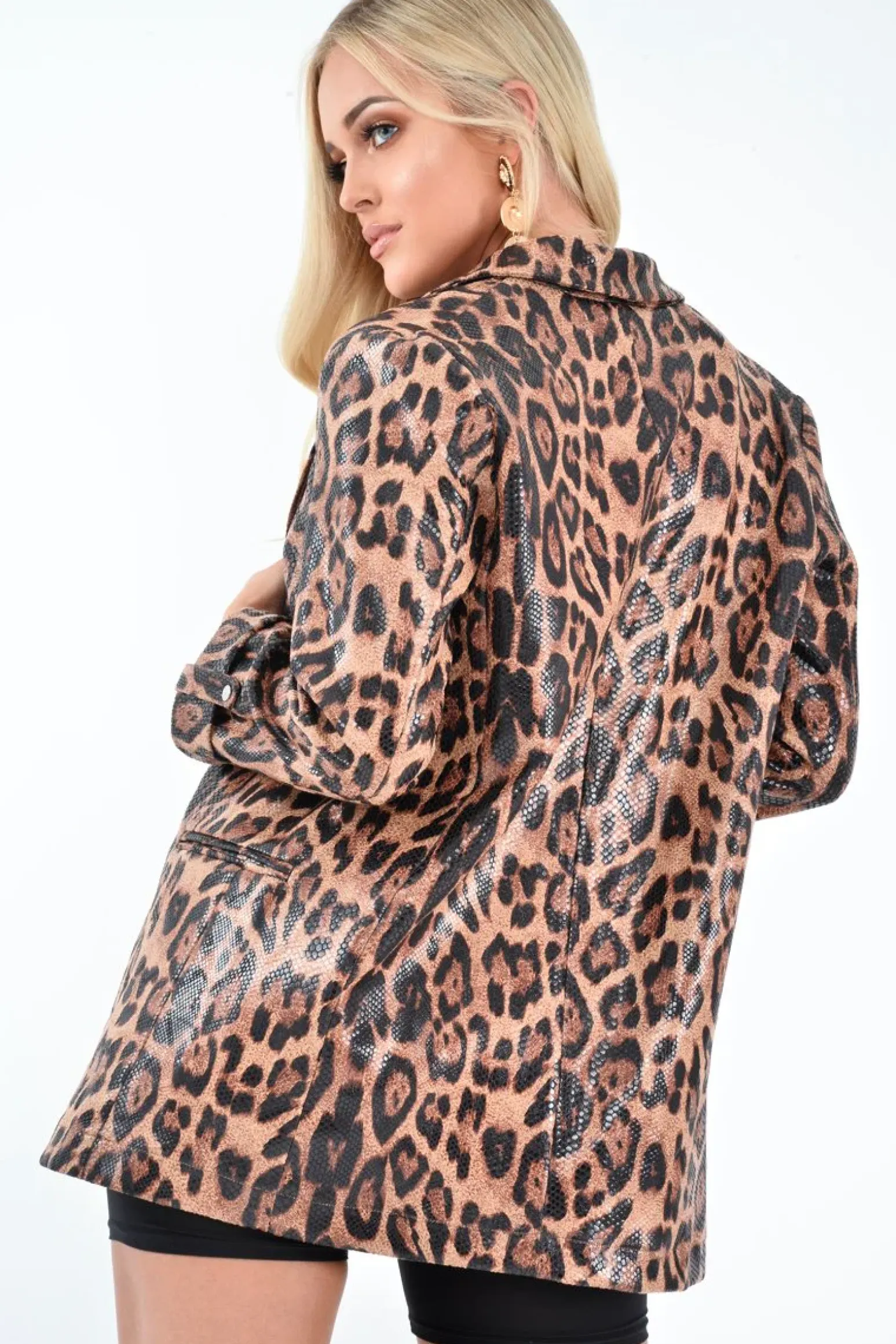 Rebellious Fashion Leopard Print Coated Longline Blazer - Avilyn