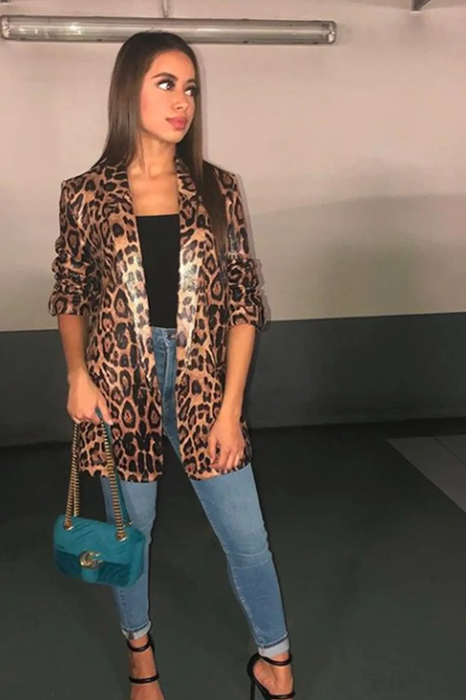Rebellious Fashion Leopard Print Coated Longline Blazer - Avilyn