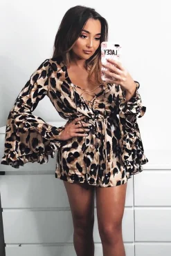 Rebellious Fashion Leopard Print Flared Sleeve Tie Up Playsuit - Deyli