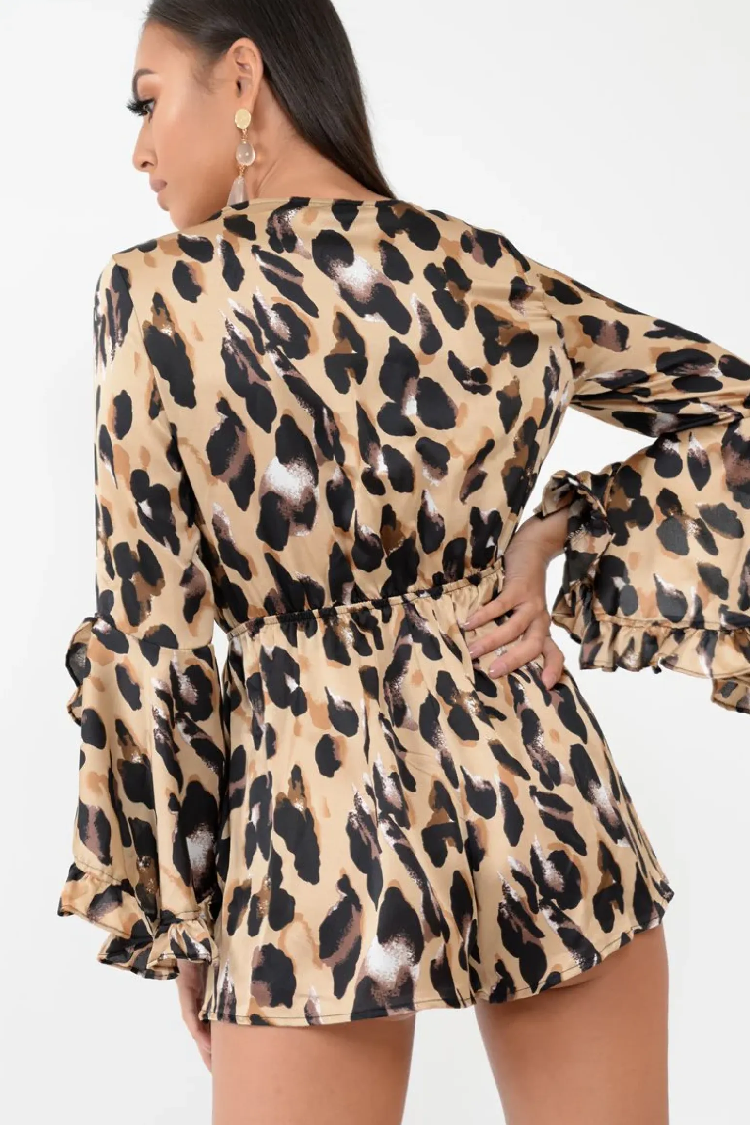 Rebellious Fashion Leopard Print Flared Sleeve Tie Up Playsuit - Deyli