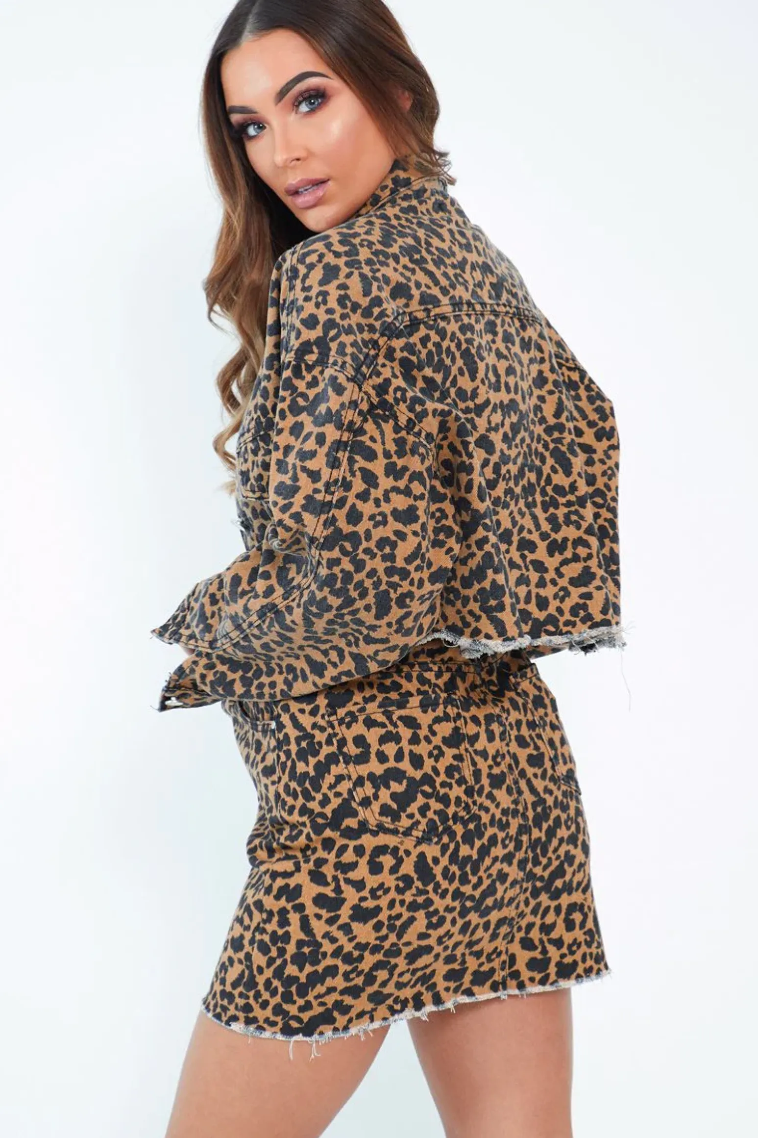 Rebellious Fashion Leopard Print Fray Hem Denim Skirt - Harmoni