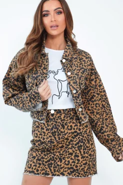 Rebellious Fashion Leopard Print Fray Hem Denim Skirt - Harmoni