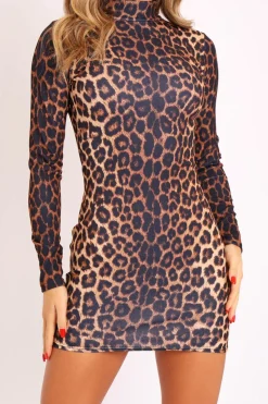 Rebellious Fashion Leopard Print High Neck Mini Bodycon Dress - Alania