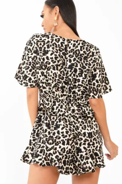 Rebellious Fashion Leopard Print Wrap Front Frill Playsuit - Aadvi
