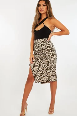 Rebellious Fashion Leopard Ruched Side Satin Finish Midi Skirt - Calla