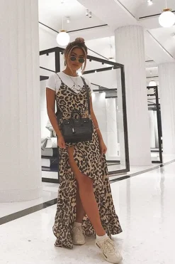 Rebellious Fashion Leopard Split Front Ruffle Hem Maxi Dress - Kaela