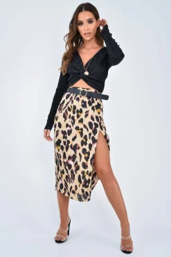 Rebellious Fashion Leopard Wrap Tie Side Satin Midi Skirt - Mailah