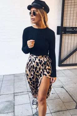 Rebellious Fashion Leopard Wrap Tie Side Satin Midi Skirt - Mailah