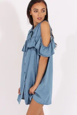Rebellious Fashion Light Blue Cold Shoulder Denim Dress - Torrie
