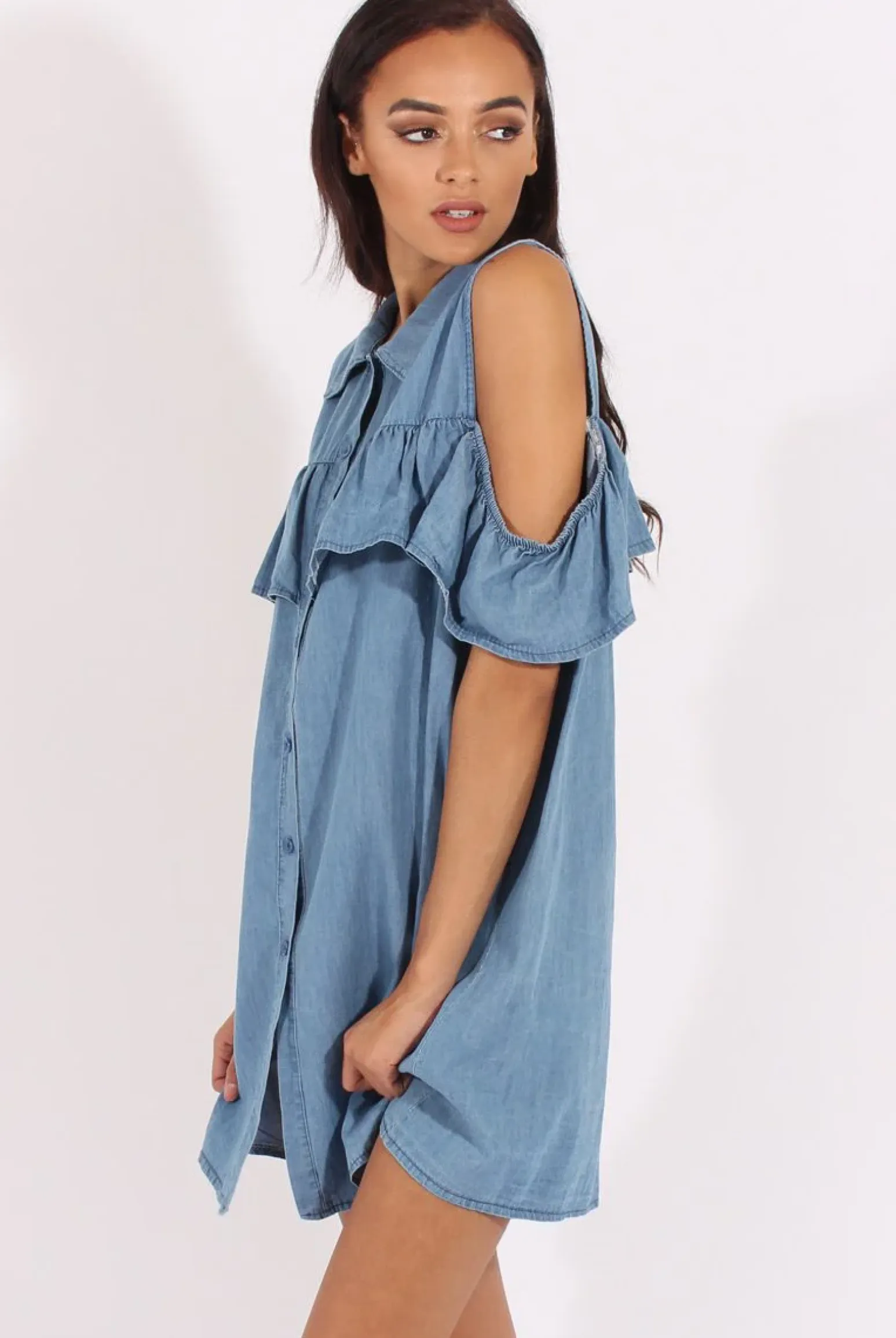 Rebellious Fashion Light Blue Cold Shoulder Denim Dress - Torrie