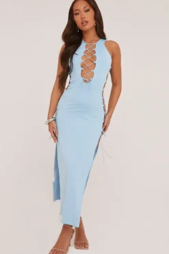 Rebellious Fashion Light Blue Lace Up Detail Maxi Dress - Aish