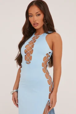 Rebellious Fashion Light Blue Lace Up Detail Maxi Dress - Aish