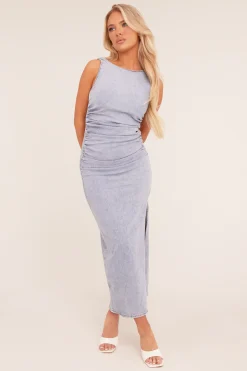 Rebellious Fashion Light Blue Stretch Denim Ruched Side Slit Maxi Dress - Ashleigh