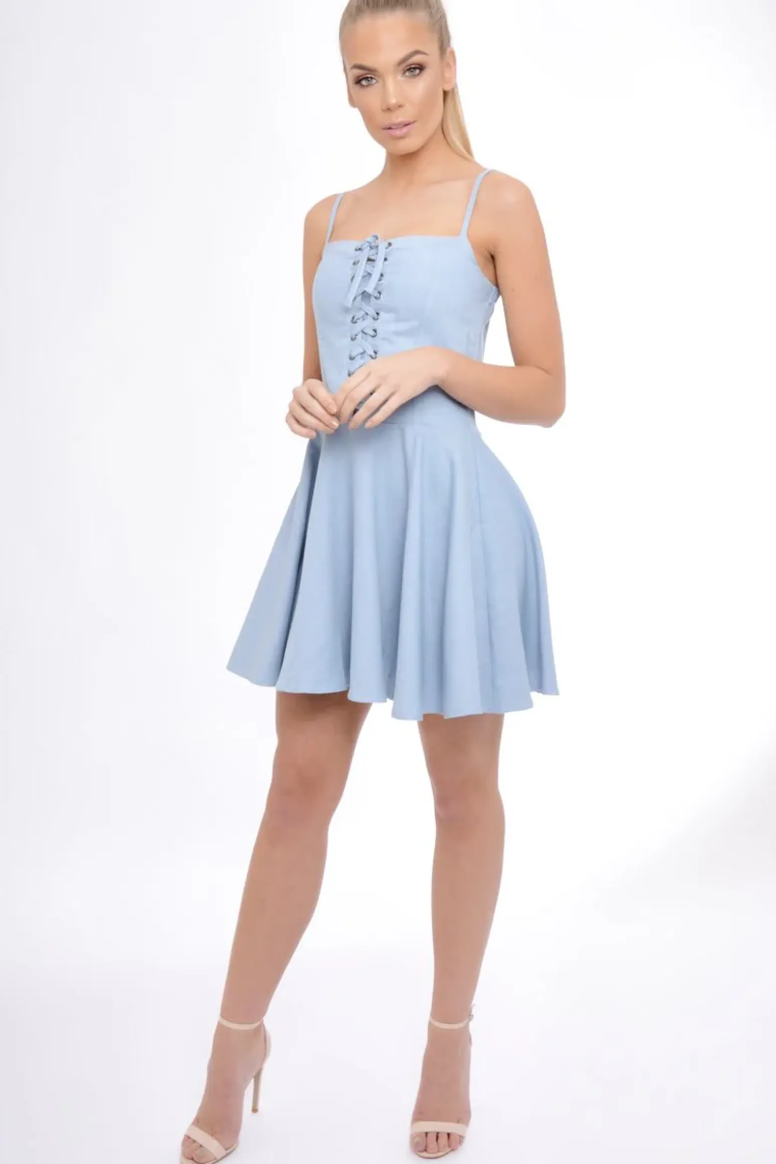 Rebellious Fashion Light Denim Lace Up Strappy Skater Dress - Xanthe