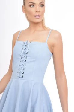 Rebellious Fashion Light Denim Lace Up Strappy Skater Dress - Xanthe