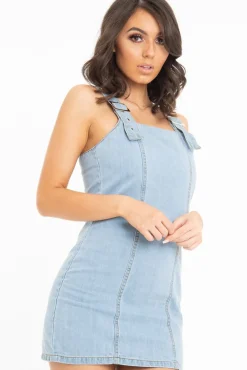 Rebellious Fashion Light Denim Sleeveless Back Zip Mini Dress - Kasandra