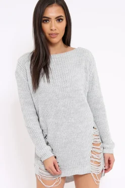 Rebellious Fashion Light Grey Distressed Jumper Dress - Kim