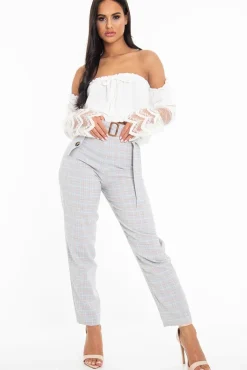 Rebellious Fashion Light Blue and Brown Check Tapered Trousers - Caddy