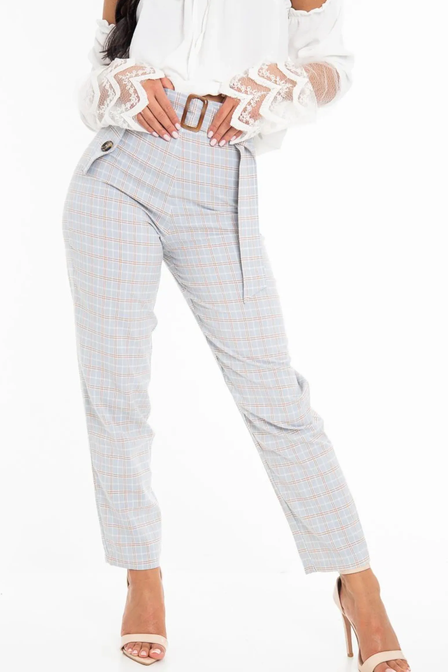 Rebellious Fashion Light Blue and Brown Check Tapered Trousers - Caddy