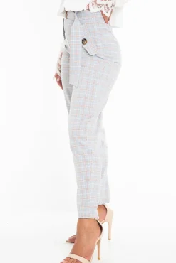Rebellious Fashion Light Blue and Brown Check Tapered Trousers - Caddy