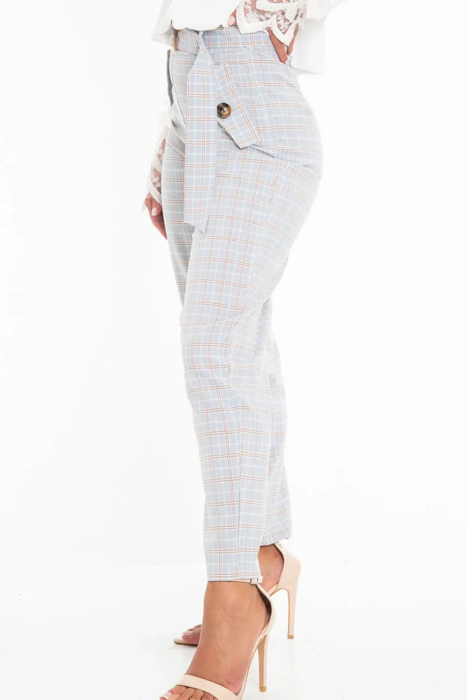 Rebellious Fashion Light Blue and Brown Check Tapered Trousers - Caddy