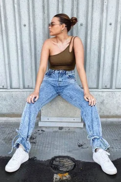 Rebellious Fashion Light Blue Ankle Tie Straight Leg Jeans - Jasmine