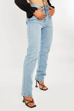 Rebellious Fashion Light Blue Asymmetric Waist Straight Jeans - Galina