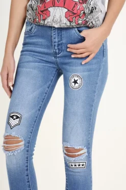 Rebellious Fashion Light Blue Badge Distressed High Waisted Jeans - Leora