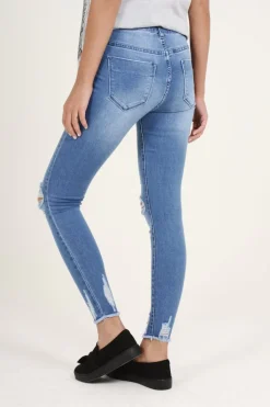 Rebellious Fashion Light Blue Badge Distressed High Waisted Jeans - Leora