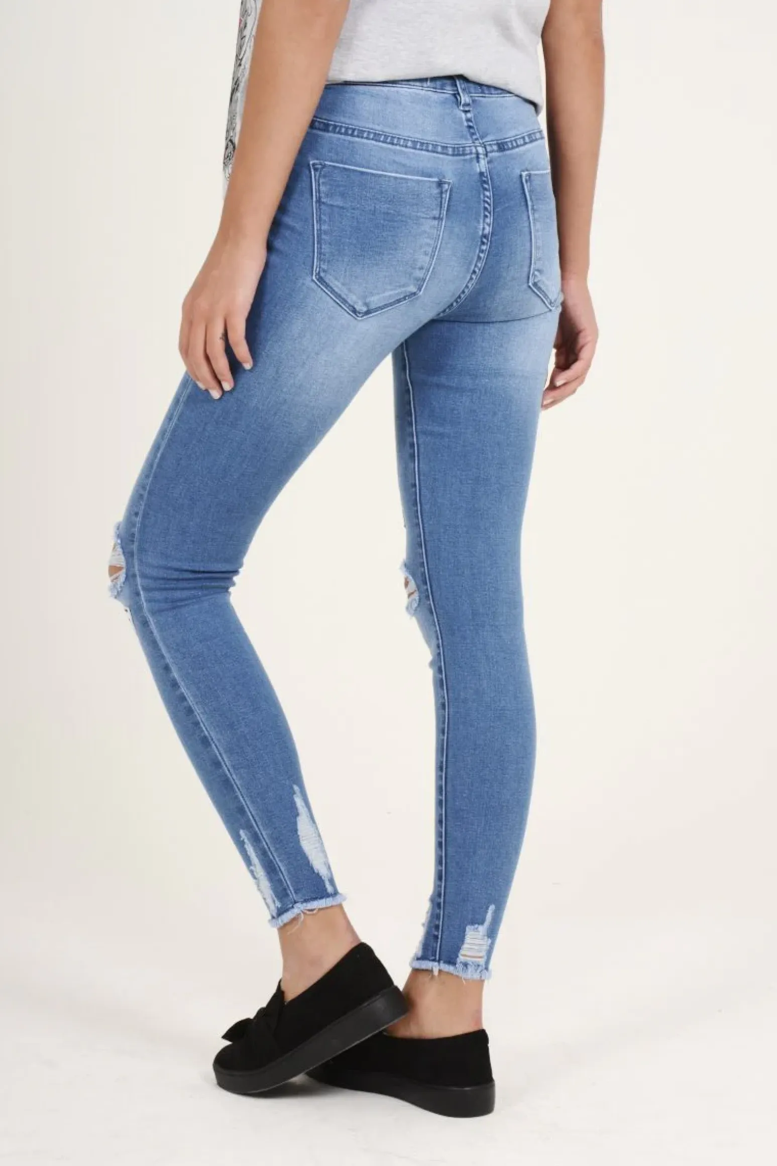 Rebellious Fashion Light Blue Badge Distressed High Waisted Jeans - Leora