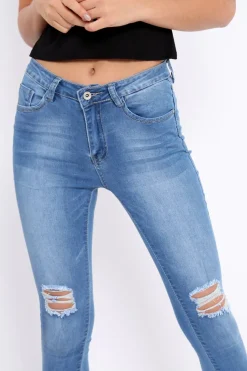 Rebellious Fashion Light Blue Bust Knee Denim Jeans - Freddie