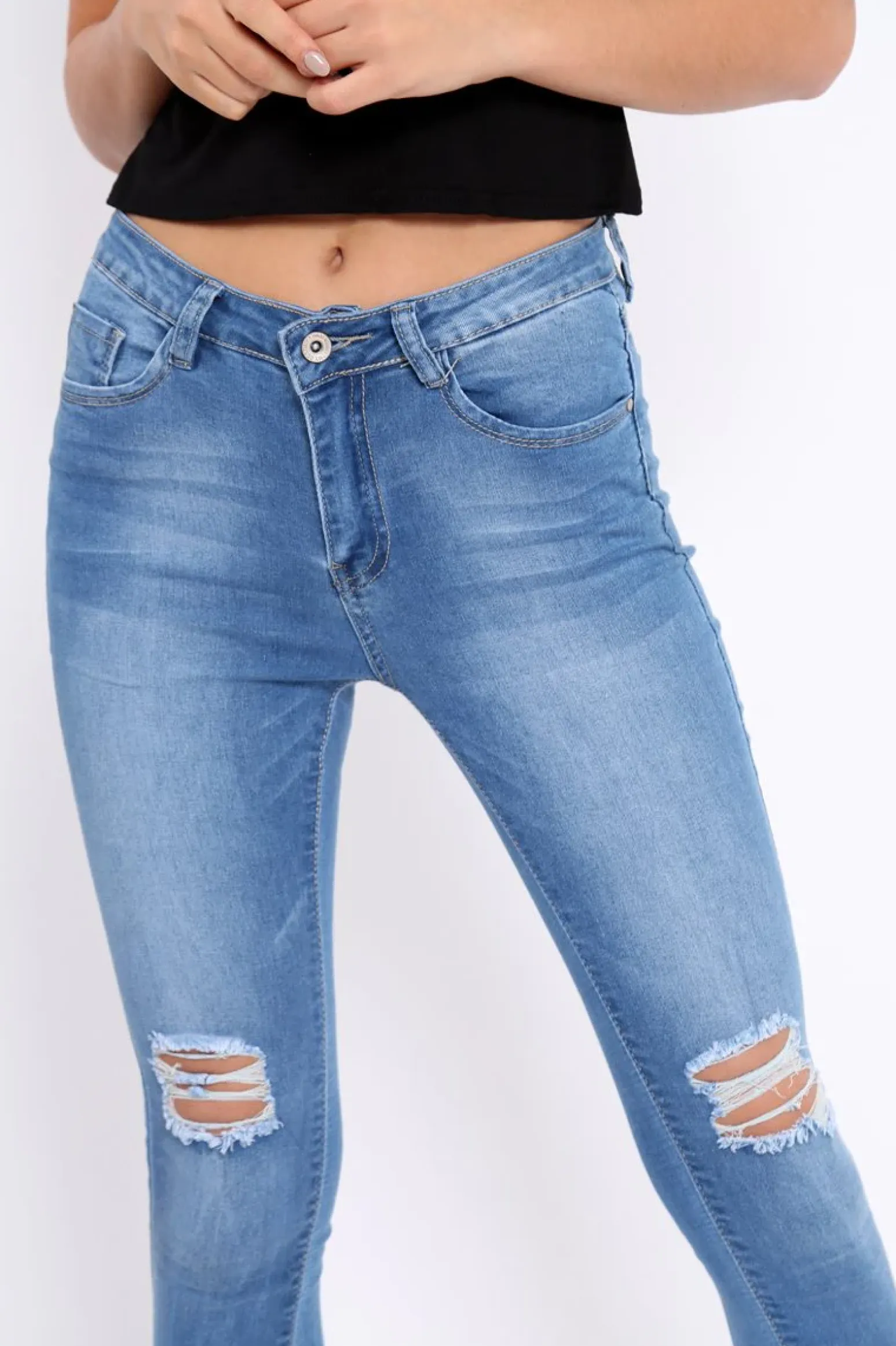 Rebellious Fashion Light Blue Bust Knee Denim Jeans - Freddie